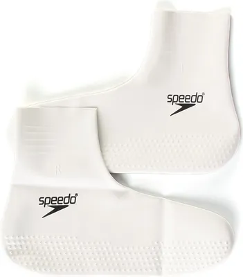 A pair of white Speedo socks on a white background.