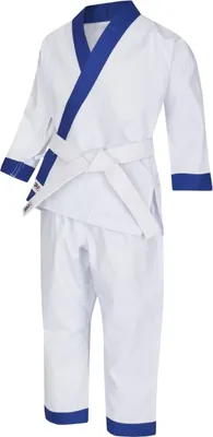 Produktbild von Taekwondo Anzug BUDO KIDS weiß-blau, Kinderanzug als Set (Traditionelle Jacke, Gummibund Hose, weißer Gürtel)