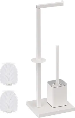 Image de Toiletbutler avec support de rouleau de papier toilette - Brosse WC - Porte-rouleau de papier toilette en métal - Blanc, dimensions : 67,5 x 20 x 15,5 cm