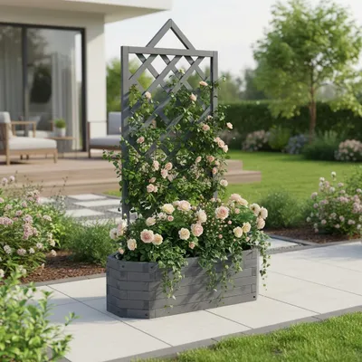 Produktbild von Blumenkasten mit Rankgitter Holz Rosenbogen Pflanzkübel grau