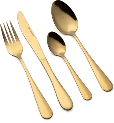 Produktbild von FLORINA Edelstahl Besteckset 16-teilig für 4 Personen I Essbesteck FORTE I Komplettset Gabel Messer Tafellöffel Teelöffel I Tafelbesteck I Besteckset I Spülmaschinenfest I Farbe: Gold