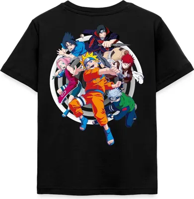 Produktbild von Spreadshirt Naruto Brustlogo Und Charaktere Um Naruto Kinder T-Shirt, 110/116 (5-6 Jahre), Schwarz