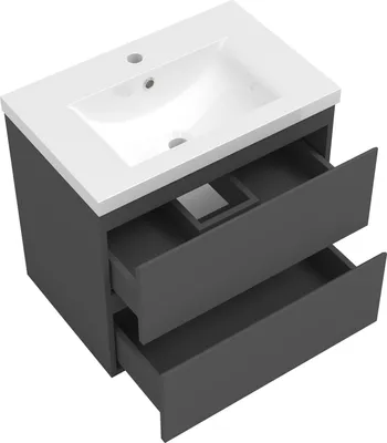 Produktbild von Waschtisch mit Unterschrank 60cm Alast Badmöbel Set Dunklegrau Dick Keramik Waschbecken mit Unterschrank MDF Softclose