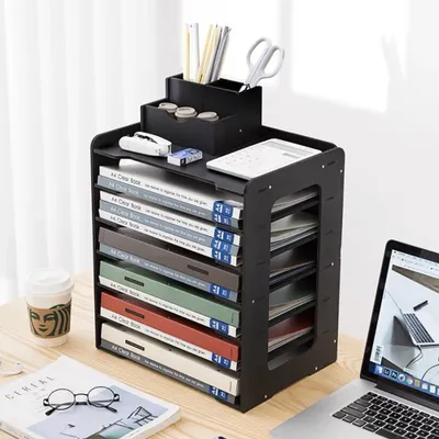 Produktbild von 2er-Set Schreibtisch-Ablage, Regal, Dokumentenregal, Mehrstöckiges Ablageregal für Ordnerm, Ordnerregal, Ablagefach, Schwarz L23×B30,7×H40cm【BR116】