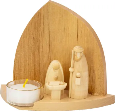 Produktbild von Leuchterkrippe natur mit Heiliger Familie, Rückwand und Glasteelicht BxHxT 15x11x7cm NEU