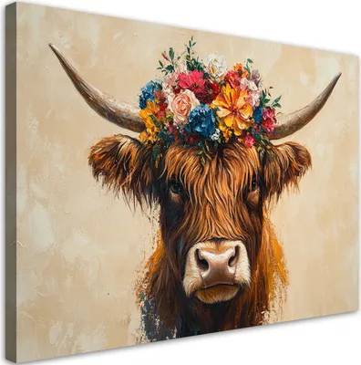 Produktbild von Leinwandbild Abstrakt Schottische Kuh Blumen 60x40 Feeby Bunt bild für die wand bereit zum aufhängen