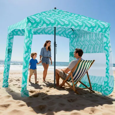 Obrázok produktu pre Plážový pavilón - Cabana 183 x 183 cm - Ochrana proti slnku UPF 50+ - S bočnou stenou - S vrecami s pieskom - Prenosný - Na pláž a do záhrady