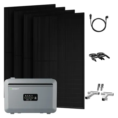 Produktbild von Powerness Balkonkraftwerk mit Speicher, Growatt NEXA 2000 mit 4x 500W Full Black Bifazial Solarmodule & 4x Balkon-Halterung Silber (0% MwSt)