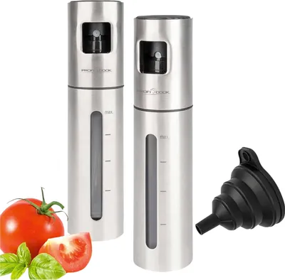 Produktbild von ProfiCook Essig- & Ölsprüher | Sprühflasche für Essig Öl Wasser Sojasauce uvm. | Ölsprüher ideal für Fitness & Diät | 100ml | Öl Sprühflasche mit Skalierung & Silikon-Trichter | 2er Set | PC-EOS 1270