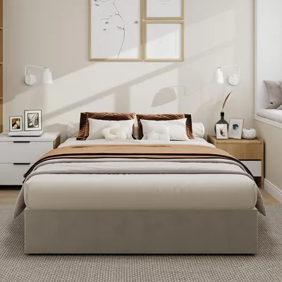 Produktbild von Sweiko Modern minimalist bed frame, 140x200CM, beige, Dutch velour material, equipped with pneumatic rod, modern style bedroom furniture, excluding headboard and mattress.