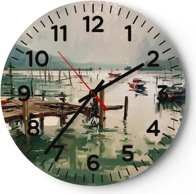 Produktbild von Wanduhr - Rund - Glasuhr - Boot Ufer Brücke - 40x40cm - Schleichendes Uhrwerk - Lautlos - zum Aufhängen bereit - Dekoration Modern - Wanddekoration aus Glas - C4AR40x40-3829