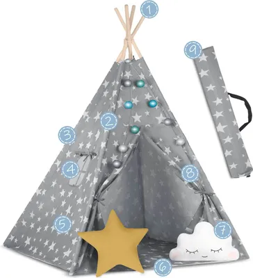 Image de Tipi Tente de jeu en coton Tente pour enfants avec 2 coussins Matelas éclairage - gris avec étoiles