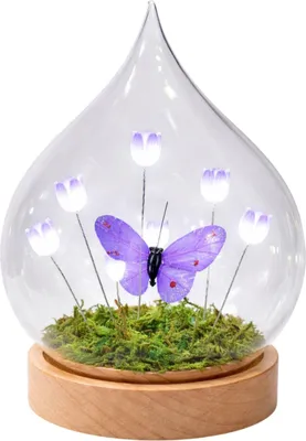 Produktbild von formano LED Deko Tropfen Blumen Schmetterling mit Holzsockel und Timer 14 cm
