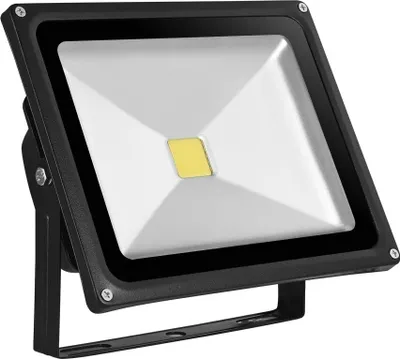 A black LED floodlight with a white reflective surface and a yellow LED light source, mounted on a black adjustable bracket.