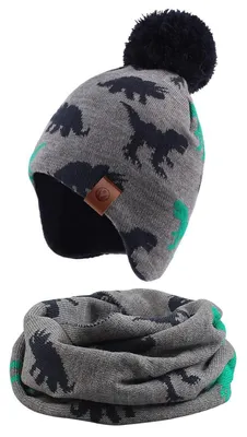 Produktbild von Strickmütze mit Schal für Babys und Kleinkinder 9-24 Monate Grau Dinosaurier