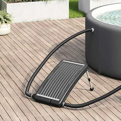 Obrázek produktu pro Solární kolektor pro bazén, zakřivený, rozměry 72,5 x 46 cm, vyrobený z HDPE. Solární absorbér pro ohřev bazénové vody, s hliníkovými nohami (výška 26-35 cm), určený k ohřev vody. Vhodný pro ohřev bazénů a vířivek. Obsahuje připojovací filtr a čerpadlo