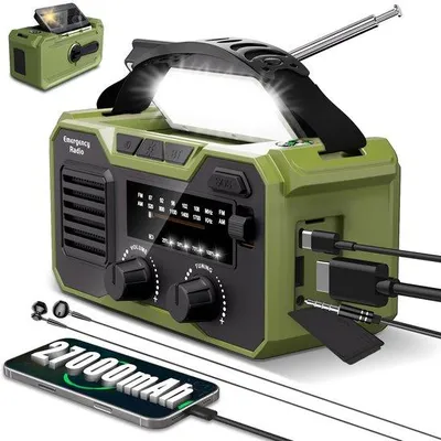 Zdjęcie produktu dla Ibenzoa® Wielofunkcyjne radio awaryjne 27000 mAh – zasilanie słoneczne i korbką, Bluetooth 5.3, FM/AM, gniazdo 3,5 mm, kompas, syrena SOS, latarka LED