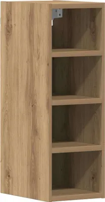 A tall, narrow cabinet with four open shelves, made of wood-look material.