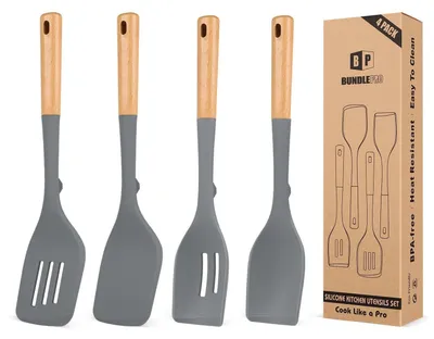 Produktbild von Küchenutensilien Set 4-teilig Silikon Holzgriff Hitzebeständig BPA-frei Grau