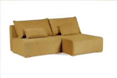 Produktbild von 210 cm Ecksofa mit Holzbeine FLUFFY mit Relaxfunktion, mit Bettkasten, L-Form Polsterecke (Stoff: poso 01 - senfgleb, Ottomane: rechts)