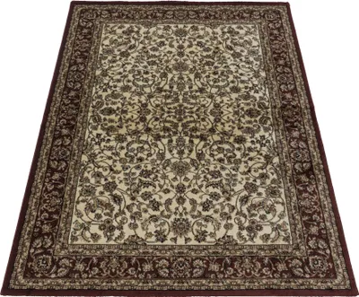 A rectangular rug with an oriental design is shown from a slightly elevated angle on a white background.