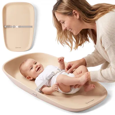 Image de Moby System, matelas de change souple pour commode, imperméable, avec ceinture de sécurité, base antidérapante, en mousse EVA, de couleur beige, dimensions : 69 x 45 x 11 cm