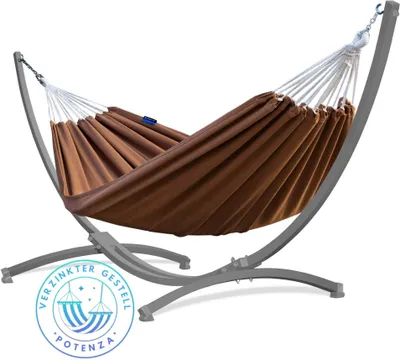 Produktbild von Potenza Outdoor Hängematte mit Verzinkter Gestell für 2 Personen I Baumwolle Doppelhängematte XXL 220x160, 200kg I Grau Hängemattengestell 220kg, wetterfest