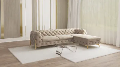 Produktbild von S-STYLE MÖBEL - Chesterfield Ecksofa mit Ottomane rechts Nova mit Goldene Metall Füßen aus Dunkle Creme Samtstoff, B/T/H: 305 cm/ 200 cm/ 75 cm