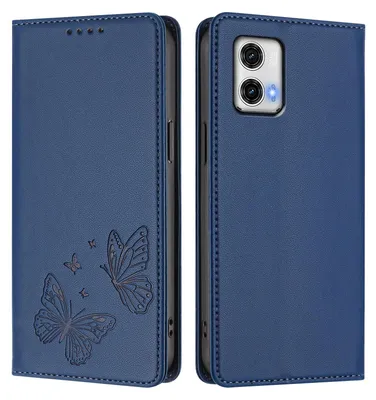 Produktbild von Lederhülle für Motorola Moto G73 5G, Schmetterling Prägung Leder Brieftasche Schutzhülle mit Ständer Dunkelblau