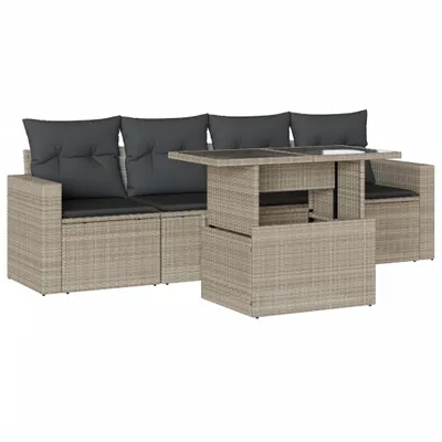 Produktbild von vidaXL 5-tlg. Garten-Sofagarnitur mit Kissen Hellgrau Poly Rattan
