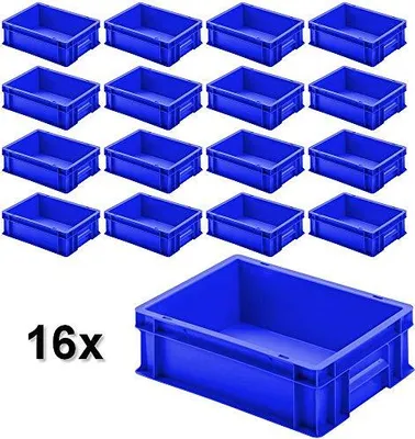Produktbild von 16x Euro-Stapelbehälter mit 2 Griffleisten, LxBxH 400x300x120 mm, 11 Liter, blau