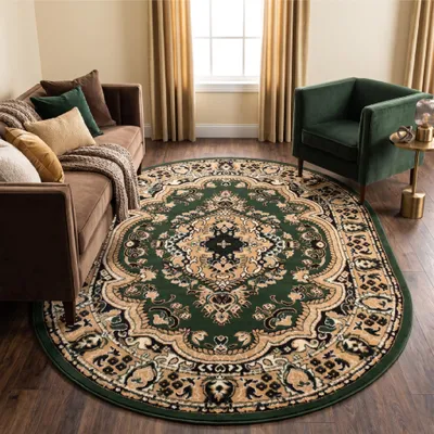 Image de Tapis Tapiso modèle ATLAS, forme ovale, motif médaillon classique, couleur verte, idéal pour un salon, dimensions : 180 x 250 cm