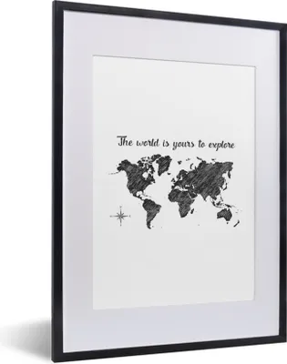Produktbild von MuchoWow® Gerahmtes Poster Weltkarte - Zitate - Schwarz - Weiß 30x40 cm - Poster mit Schwarzem Bilderrahmen Wandposter Rahmen Foto Bilder - Wandposter Schlafzimmer