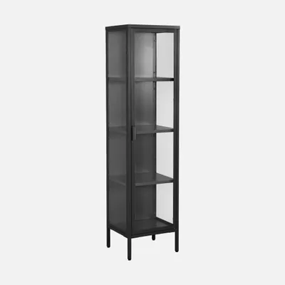 A tall, narrow black cabinet with glass doors and shelves, presented against a light gray background.