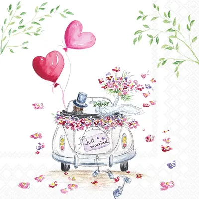 Produktbild von 20 Servietten Wedding Car - Hochzeitsauto mit Ballons 33x33cm