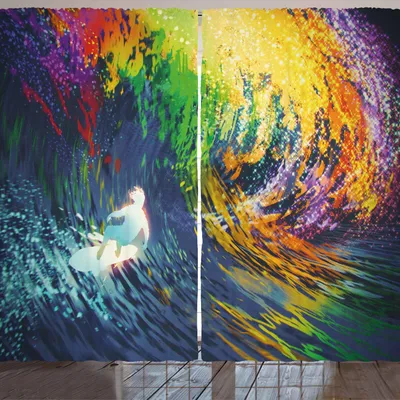 Produktbild von ARANDE Modern Gardine, Exotischer Surfer in den Meereswogen mit Digital vorgestellten Effekten Sport-Hobby-Grafik, 280 x 245 cm, Mehrfarbig