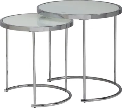 Produktbild von WOHNLING Design Beistelltisch Rund Ø 50/42 cm - 2 teilig Weiß Silber mit Glasplatte Wohnzimmertisch 2er Set Satztisch Milchglas Couchtisch