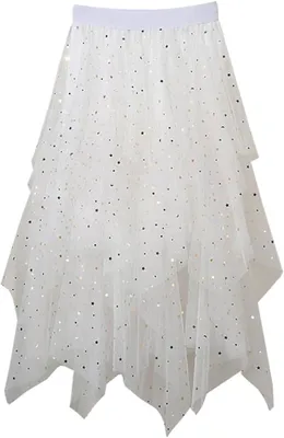 Produktbild von ASKSA Damen Midi Tuellrock Lang Tuell Petticoat Unterrock High Waist A-Linie Knielang Faschingskostueme Rock fuer Halloween Fasching Karneval Party,Glaenzend Weiss,L