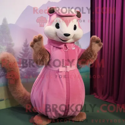 Produktbild von Maskottchenfigur REDBROKOLY eines rosa Mungos gekleidet mit Faltenrock und Fäustlingen