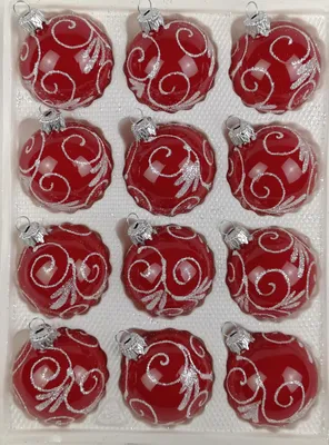 Produktbild von 12 tlg. Glas-Weihnachtskugeln Set in Hochglanz Modern Rot Weisse Ornamente
