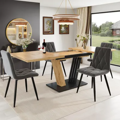 Image de Ensemble de salle à manger Flieks comprenant une table extensible de 130 à 160 cm et 4 chaises, idéal pour 4 à 6 personnes. Les chaises sont de couleur gris velours. Ensemble de 5 pièces, style naturel