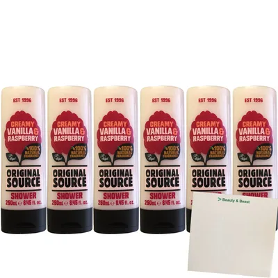 Produktbild von Original Source Creamy Vanilla & Raspberry Duschgel 6er Pack (6x250ml Flasche) + usy Block