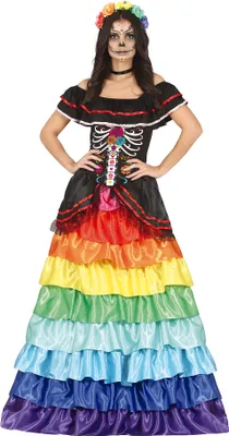 Produktbild von FIESTAS GUIRCA Tag der Toten Regenbogen Kleid - Langes Rüschenkleid in Regenbogenfarben Día De Los Muertos Kostüm Erwachsene Damen Größe M 36-38