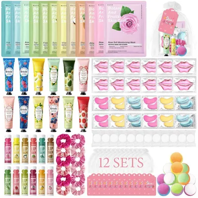 Immagine prodotto di Set di accessori per feste in spa, 120 pezzi, ideale per ragazze e donne, set regalo per la cura della pelle con maschere per il viso, crema per le mani, balsamo per le labbra e bombe da bagno