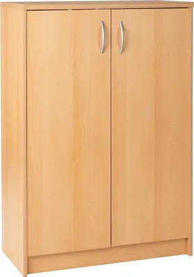 A light brown wooden cabinet with two silver handles is shown against a white background.