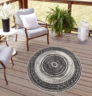Produktbild von Rikmani robuster Outdoor Teppich rund Wetterfest, UV-beständig für Balkon, Terasse,  für Küche, Esszimmerteppich