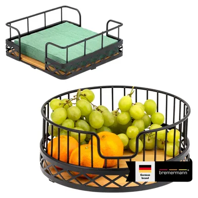 Immagine prodotto di set di 2 cestini da frutta bremermann con portatovaglioli, fruttiera/cestino da pane in bambù e metallo