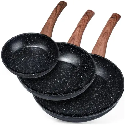 Zdjęcie produktu dla Vilde | Zestaw 3 patelni - Patelnia do smażenia 16/20/24 cm - Patelnia indukcyjna z powłoką nieprzywierającą - CZARNA i DREWNIANA