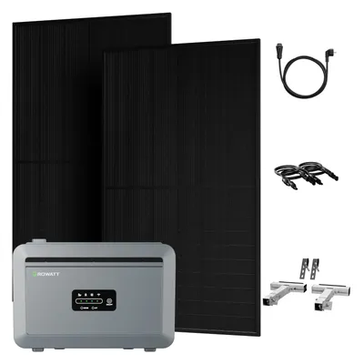 Produktbild von Powerness Balkonkraftwerk mit Speicher, Growatt NEXA 2000 Speicher mit 2x 500W Bifazial Solarmodule und 2x Balkon-Halterung Silber (0% MwSt)