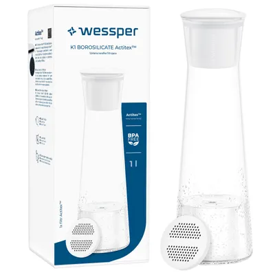 Productafbeelding van Wessper K1 borosilicaat glazen filterkan 1 liter, wit, met Actitex waterfilter van borosilicaatglas